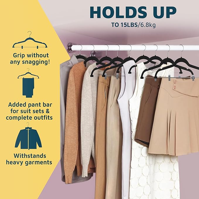 Velvet Skirt Hangers – with Adjustable Clips, 360 Degree Swivel Hook, and Non-Slip Shoulder Notch, Holds Up to 10 lbs, for Organizing Skirt, Pants, Dress, and Clothes, Pack of 20, Black