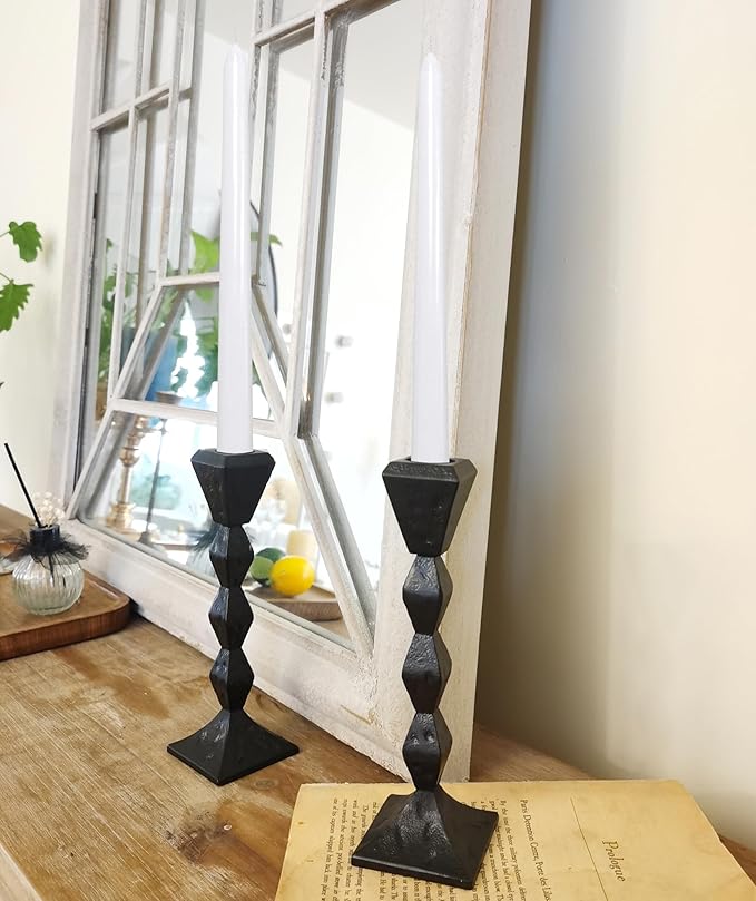 Antique Iron Taper Candle Holders - Set of 2 Decorative Candlesticks, Black Finish Candle Stand for Weddings, Dining, and Parties (Black, Square)