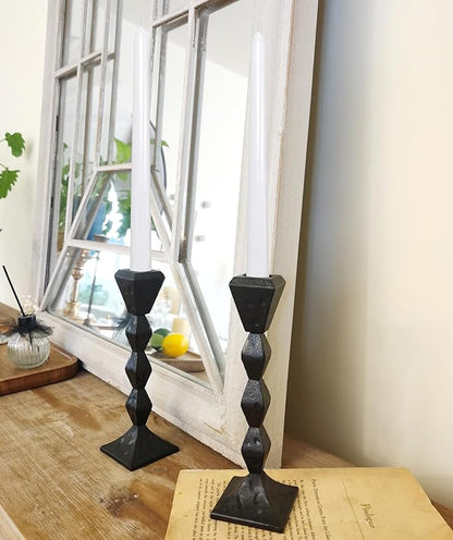 Antique Iron Taper Candle Holders - Set of 2 Decorative Candlesticks, Black Finish Candle Stand for Weddings, Dining, and Parties (Black, Square)