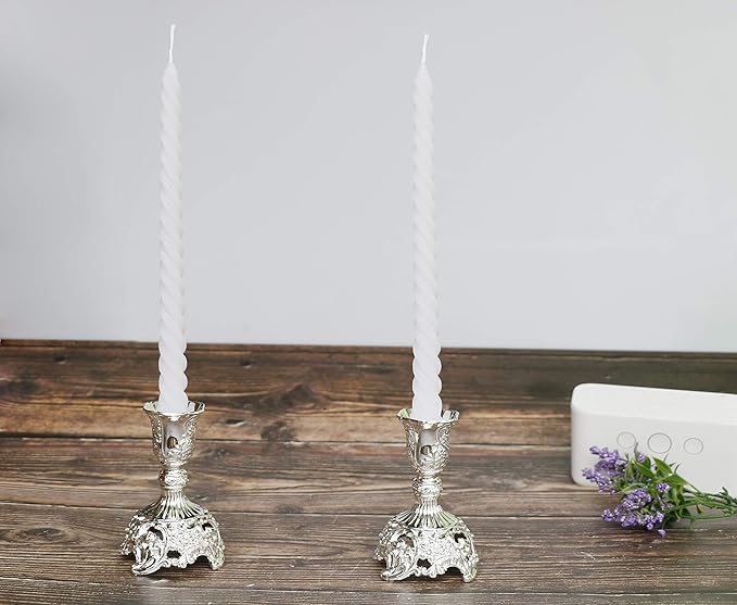 Silver Taper Candle Holders with Deluxe Engraved Design, Set of 2 Premium Metal Silver Candlestick Holders (Silver)