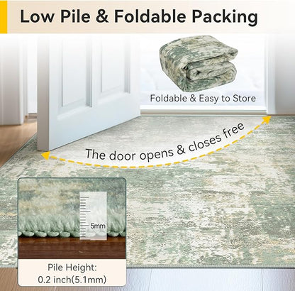 Washable Area Rugs 2'x8' Non-Slip Modern Abstract Soft for Living Room Entryway Bedroom Nursery, Print Pattern, Light Green/Yellow