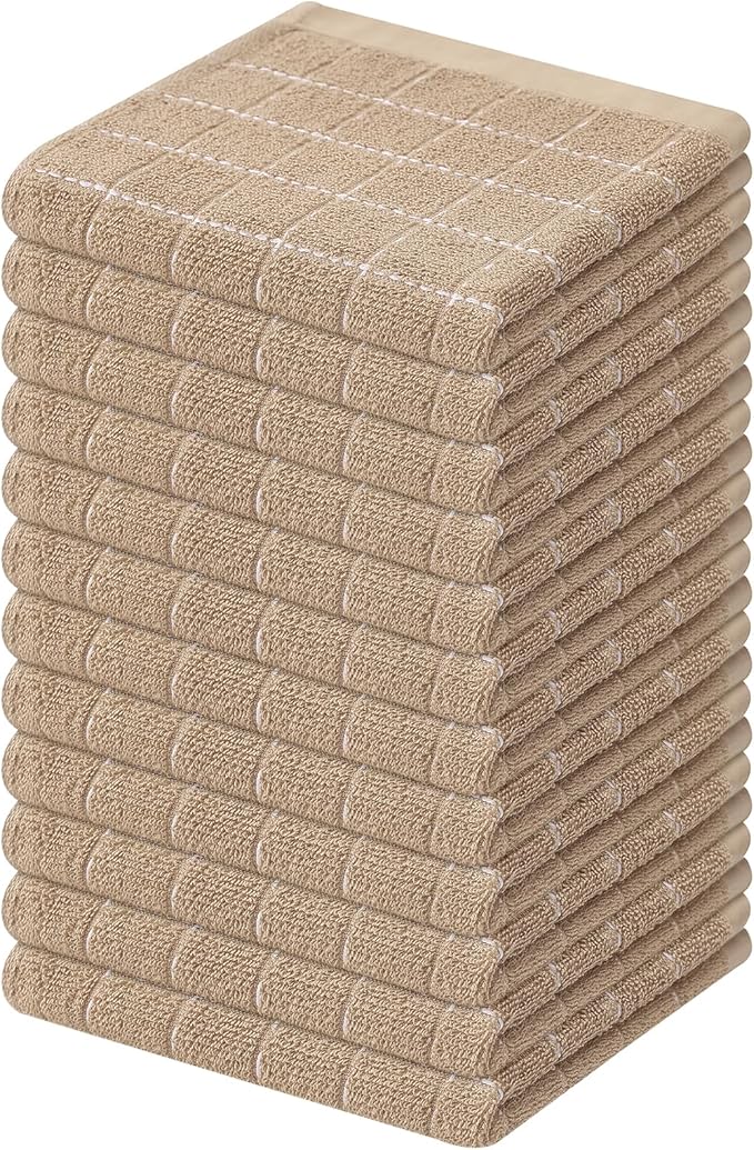 Mordimy 100% Cotton Terry Cloth Dish Cloths, Soft and Absorbent Checkered Dish Towels, Quick Drying Dish Rags for Washing Dishes, 12 Pack, 12 x 12 Inches, Tan