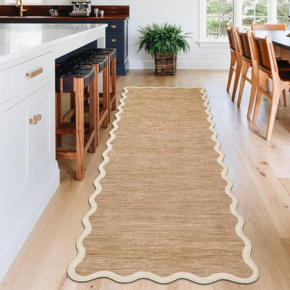 GarveeHome Scalloped Washable Runner Rug 2x6 Runner Non Slip Kitchen Rugs Modern Entryway Rug Farmhouse Soft Bathroom Rugs Stain Resistant Carpet for Hallway Laundry Bedroom 2 ft x6 ft Light Brown