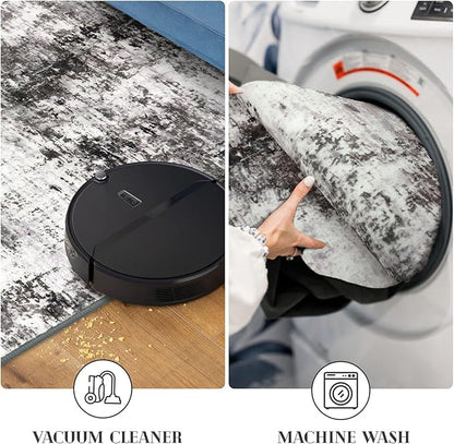 Modern Abstract Hallway Runner Rug, Black Grey 2x8 Runner Rug, Washable Kitchen Runner Non-Slip Soft Thin Print Faux Wool Carpet for Entryway Bedroom Laundry Room Indoor