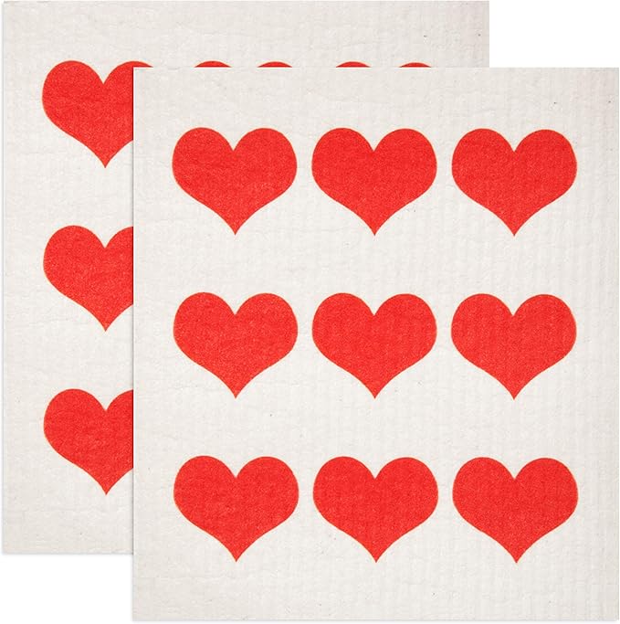 Swedish Dishcloths 2 Pack Row of Red Hearts Print Reusable Sponges Kitchen Cleaning Cloth Dish Scrubber, Machine Washable, Measures 7.87”x6.88 inches.