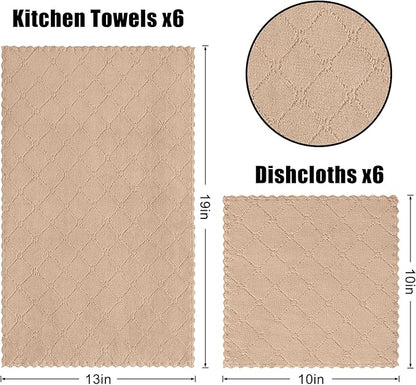 Homaxy Kitchen Towels and Dishcloths Set, 10 x 10 and 13 x 19 Inches, Set of 12 Super Soft and Absorbent Coral Velvet Kitchen Towels, No Lint and Nonstick Oil Fast Drying Dish Towel, Tan