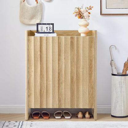 Fluted Shoe Cabinet, 5-Tier Shoe Storage Cabinet with Doors,Freestanding Hidden Shoe Cabinet Organizer, Narrow Shoes Storage Rack for Entryway (Natural)