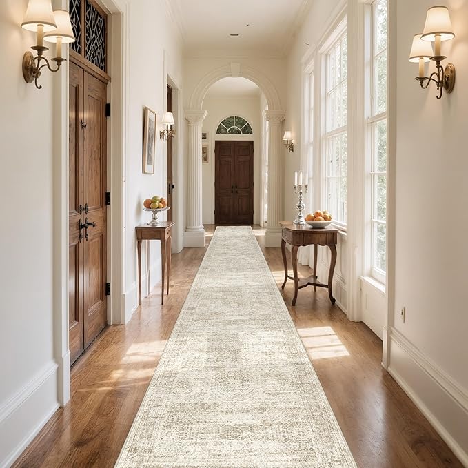 Washable Runner Rug 2.5x16, Non-Slip Long Hallway Runner for Entryway, Soft Vintage Kitchen Mats for Floor, Abstract Dining Room, Bedroom, Living Room Rugs(2.5'x16', Beige/Ivory)