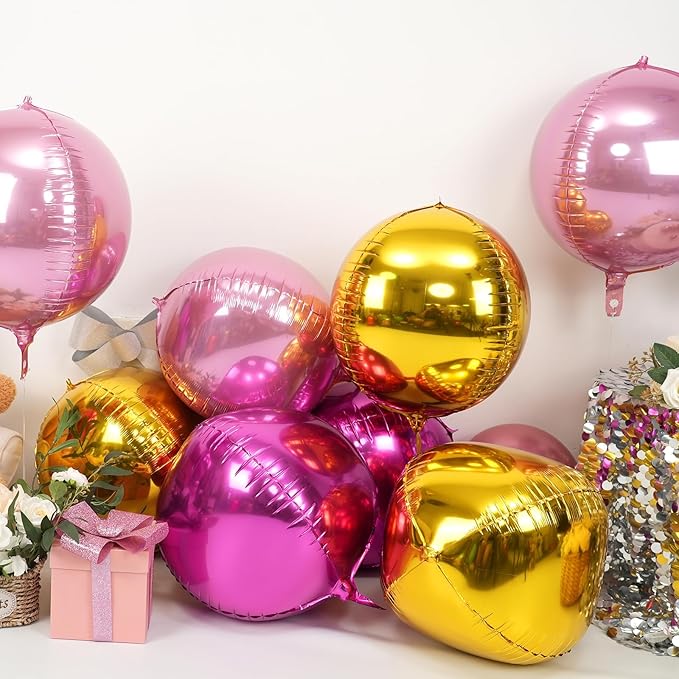 Pink Gold Round Foil Balloons 9 pcs,Metallic Giant 4D Round Balloons 22 Inch for Birthday Girl's Baby Shower Bridal Shower Wedding Valentine Party Decorations