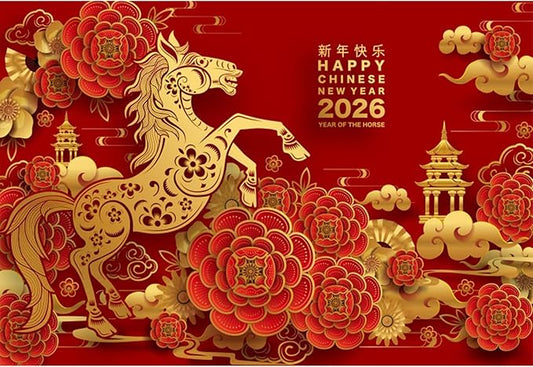Renaiss 12x8ft Happy Chinese New Year 2026 Backdrop Year of The Horse Spring Festival Photography Background Gold Horse Flowers Lantern Festival New Year's Eve Party Decor CNY Photo Booth Props
