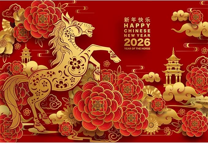 Renaiss 8x6ft Happy Chinese New Year 2026 Backdrop Year of The Horse Spring Festival Photography Background Gold Horse Flowers Lantern Festival New Year's Eve Party Decor CNY Photo Booth Props