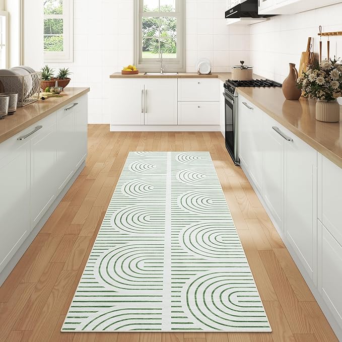 2x6 Washable Green Runner Rugs for Kitchen, Soft Abstract Rainbow Boho Rug for Bedroom Bedside Laundry Room Bathroom,Modern Non Slip Low Pile Floor Mat