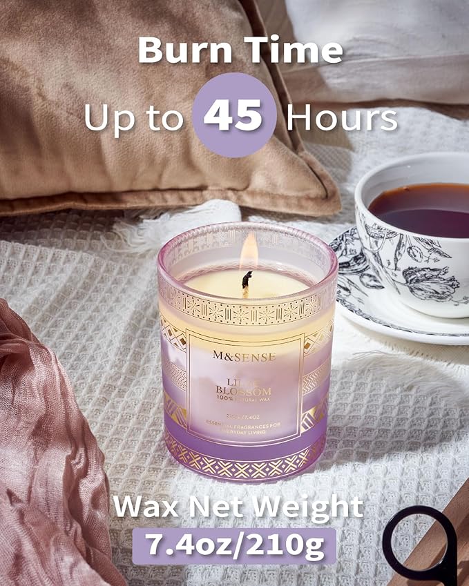 M&SENSE Lilac Blossom Soy Candles for Home Scented, 7.4oz 45 Hour Long Burning, Winter Aromatherapy Candle for Spa Meditation Yoga, Housewarming New Year Gifts for Her