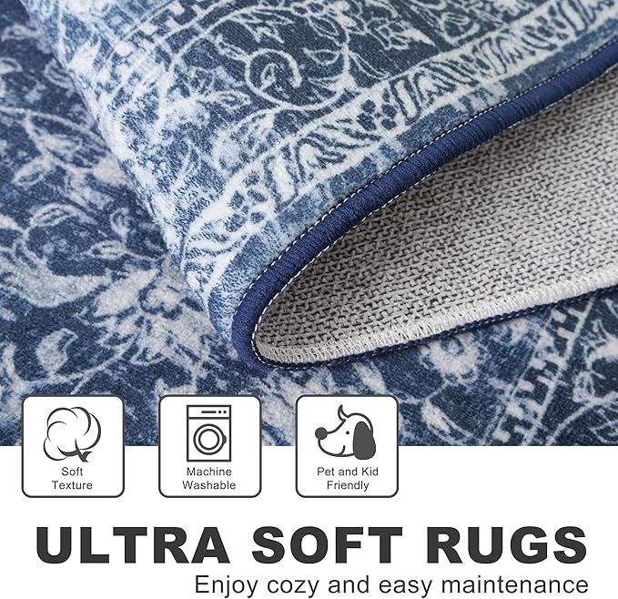 KILOCOCO Area Rug 4x6 Entryway Rug Washable Printed Vintage Floral Rubber Backed Non Slip Indoor Kitchen Rugs for Laundry Room Playroom Bedroom Living Room Moroccan Area Rugs, Navy Blue