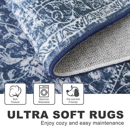 KILOCOCO Hallway Runner 2.6x8 Rug Runner Printed Vintage Floral Washable Kitchen Runners Non-Slip Rubber Backed Runners for Hallways Laundry Room Distressed Boho Rugs for Entryway Bedroom, Blue