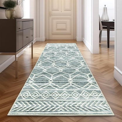 jinchan Moroccan Runner Rug 2x8 - Kitchen Machine Washable Runner Rug Modern Geometric Low-Pile Lightweight Non-Slip Carpet for Entryway Hallway Laundry Room Bedroom Bedside (2x8ft, Teal Blue)