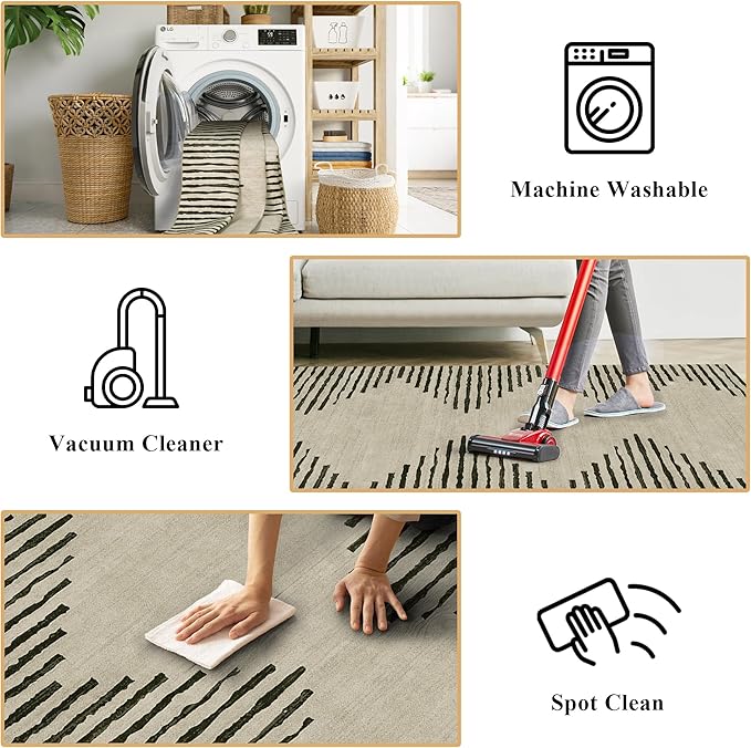 HelloTree Hallway Runner Rug，2x6 Moroccan Modern Stripe Carpet Washable Machine Bathroom Runner Bohemian Design Modern Soft Non Slip Indoor Rug for Entryway Hallway Laundry Room Bedroom-Cream