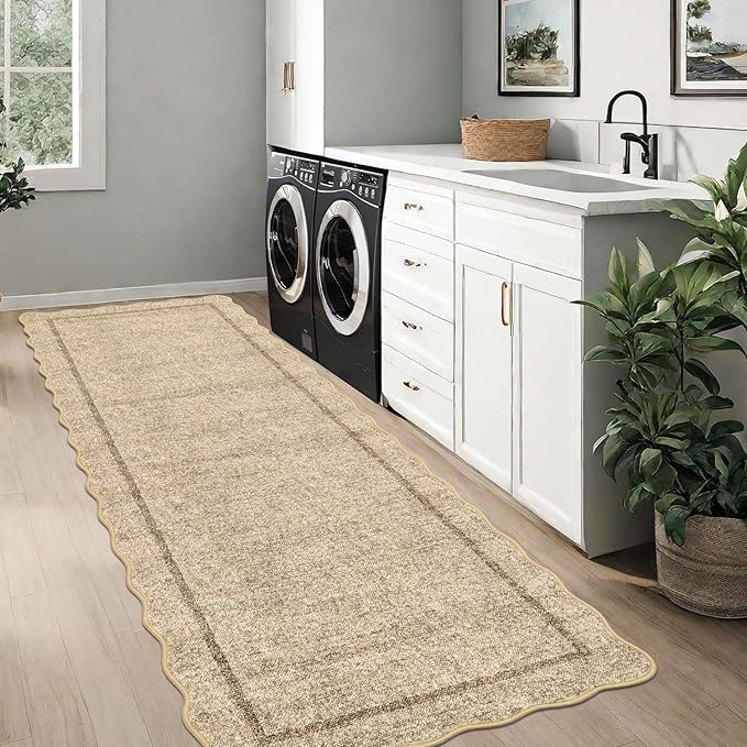 GarveeHome Scalloped Washable Runner Rug 2x8 Runner Modern Non Slip Kitchen Rugs Entryway Rug Farmhouse Soft Bathroom Rugs Stain Resistant Carpet for Hallway Laundry Bedroom 2 ft x8 ft Jute