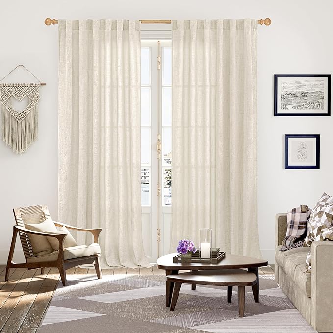 YoungsTex Extro Long Linen Curtains 108 Inch Length, Semi Sheer Drapes with Rod Pocket Back Tab Light Filtering for Bedroom Living Room, 2 Panels, 52 X 108 Inch
