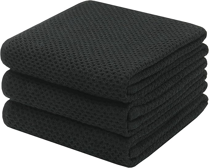 Mia'sDream Cotton Kitchen Towels and Dish Cloths Sets, Waffle Weave Dish Towels for Kitchen Drying Dishes, Soft and Absorbent Kitchen Hand Towels Washcloths, 13inch x 28inch 3 Pack (Black)