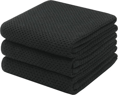 Mia'sDream Cotton Kitchen Towels and Dish Cloths Sets, Waffle Weave Dish Towels for Kitchen Drying Dishes, Soft and Absorbent Kitchen Hand Towels Washcloths, 13inch x 28inch 3 Pack (Black)