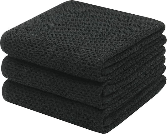 Mia'sDream Cotton Kitchen Towels and Dish Cloths Sets, Waffle Weave Dish Towels for Kitchen Drying Dishes, Soft and Absorbent Kitchen Hand Towels Washcloths, 13inch x 28inch 3 Pack (Black)