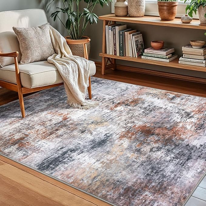 Modern Abstract Small Area Rug Indoor, Grey Orange Multi 3x5 Washable Rug Non-Slip Soft Entryway Rug Kitchen Mats Thin Print Faux Wool Floor Carpet Colorful Throw Rugs for Entrance Bedroom
