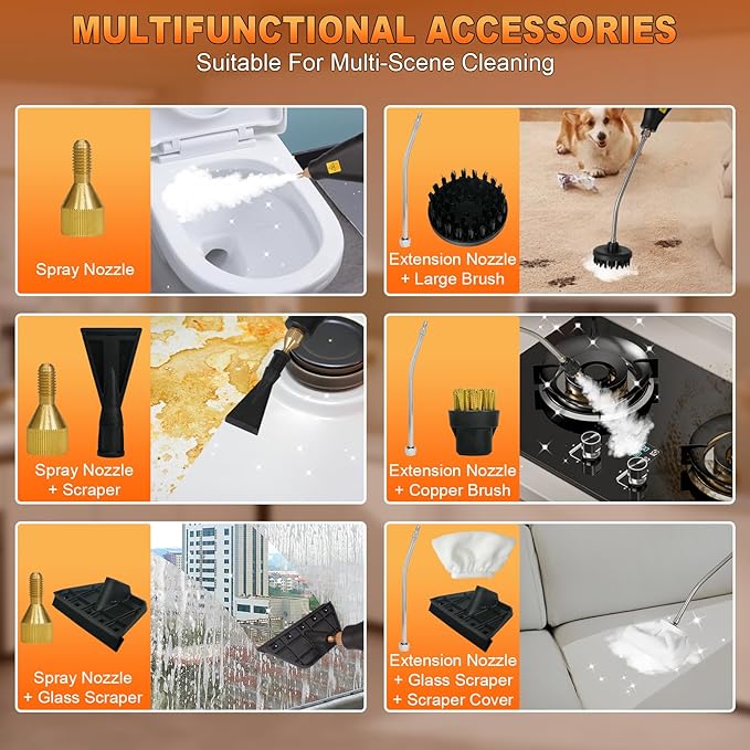 15-IN-1 Handheld Steam Cleaner【2800W Powerful Motor】【6 Level Pressure Steam - 4 BAR High Pressure】with Handle Control Button Cleaner for Home, Car, Kitchen - Orange