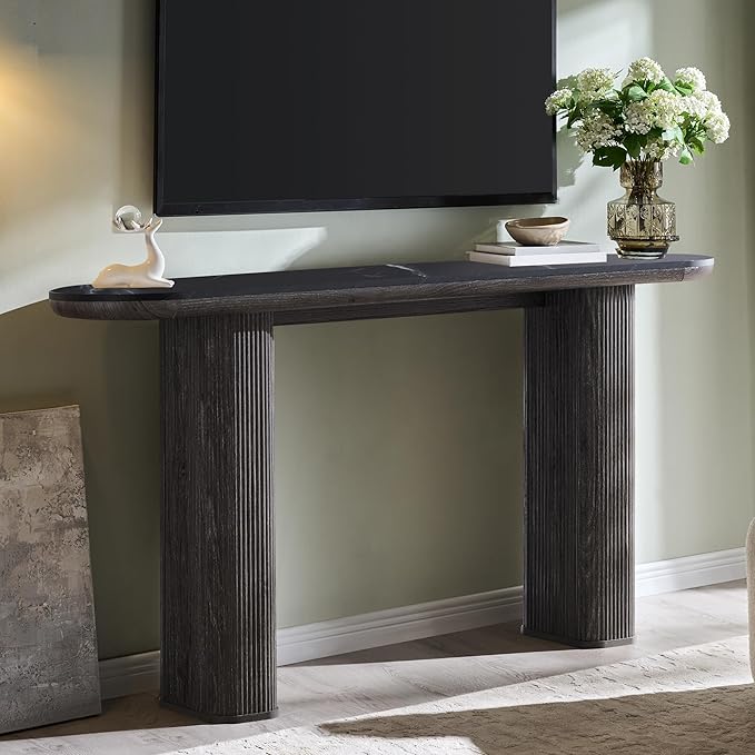 OKD 63" Modern Console Table with Arc Marble Texture Top, Fluted Wood Base, Contemporary Entryway Sofa Table for Living Room, Hallway, Foyer, Dark Alder