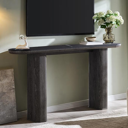 OKD 63" Modern Console Table with Arc Marble Texture Top, Fluted Wood Base, Contemporary Entryway Sofa Table for Living Room, Hallway, Foyer, Dark Alder