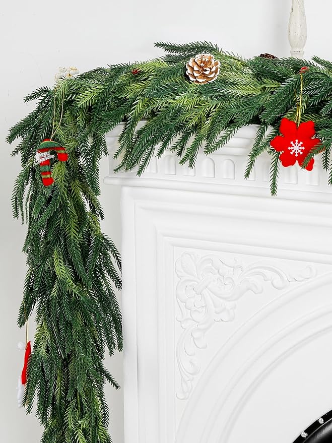 6ft Real Touch Christmas Garland Norfolk Pine, Realistic Artificial Christmas Garland, Faux Natural Greenery Garland for Table, Mantle, Stair Railings, Wall, Outdoor Christmas Decoration