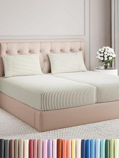Split King Size 5 Piece Sheet Set - Comfy Breathable & Cooling Bed Sheets Set - Hotel Luxury Bedding for Women, Men, Kids, Teens, Boys & Girls - Deep Pockets, Soft and Wrinkle Free - Beige Stripes 2
