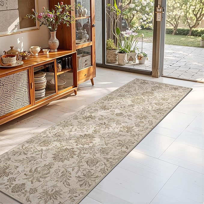 jinchan Runner Rugs 2x6, Vintage-Inspired Floral Neutral Design Machine Washable Non-Slip Ultra-Thin Low-Pile Rubber Backing Runner Rug for Kitchen Hallway Laundry Room Entryway Taupe