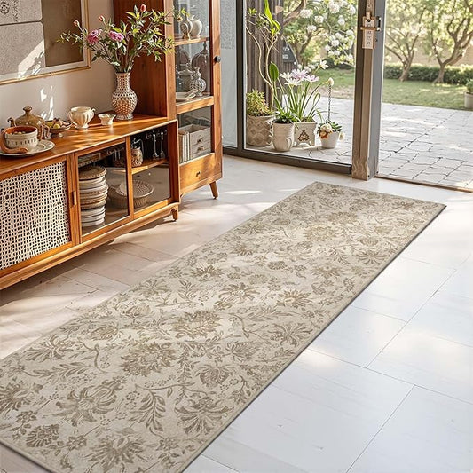 jinchan Runner Rugs 2x6, Vintage-Inspired Floral Neutral Design Machine Washable Non-Slip Ultra-Thin Low-Pile Rubber Backing Runner Rug for Kitchen Hallway Laundry Room Entryway Taupe