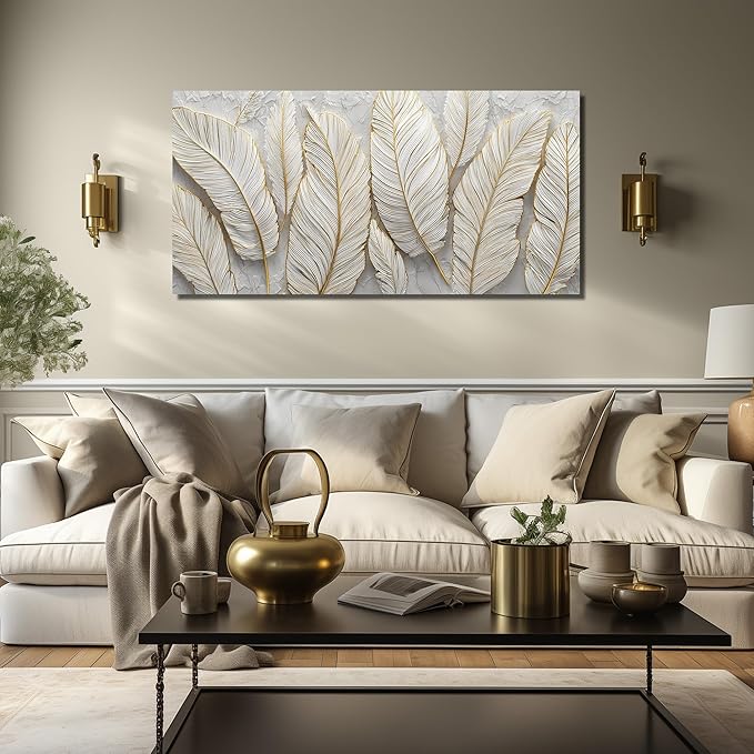 JuhaiArt Feather Canvas Art for Living Room Bedroom Home Office White Wall Picture 24" x 48" Gold Wall Decor Art Artwork Poster