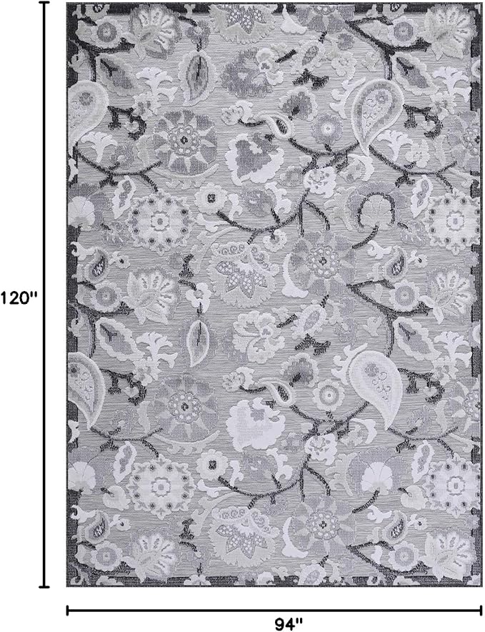 Floral Indoor Outdoor Rugs 8x10 Large Area Rug for Living Room, Patio Decor, Kitchen, and Entryway Rug, Washable Stain Resistant Outside Carpet Gray 8 x 10