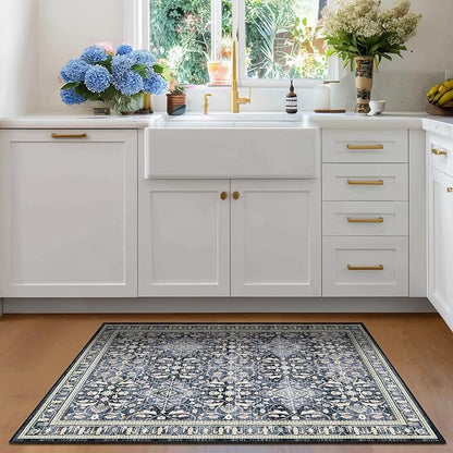 Small Area Rugs 3x4, Dark Blue Throw Rugs for Kitchen Bathroom Bedroom, Washable Non Slip Ultra Thin Front Indoor Door Mats for Entrance Entryway Foyer, Transitional Floral Trellis Printed