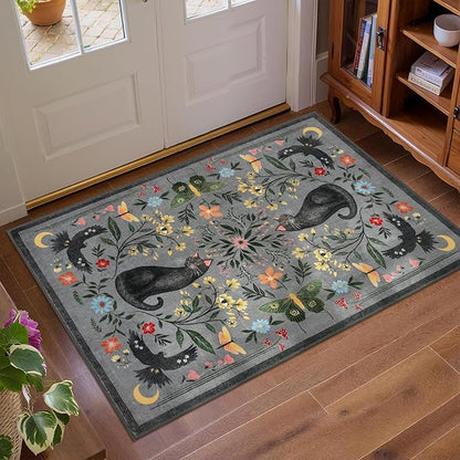GarveeHome Cat Entryway Rug, 2x3 Mushroom Insect Grey Washable Front Door Rug Indoor Entrance Floral Carpet Non-Slip Low Pile Throw Rugs for Kitchen Floor, Powder Room, Entry, Bathroom, Kids Room