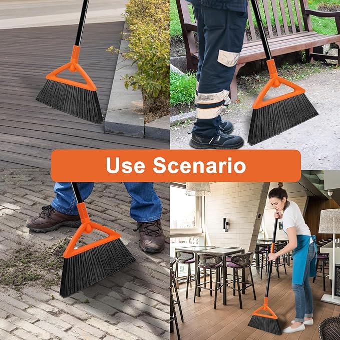 Outdoor Indoor Broom, Brooms for Sweeeping Indoor, Heavy-Duty Kitchen Broom with Long Pole, Angle Broom Orange for Garages Restaurant Courtyard Office Slidewalk Lobby Sweep Dust