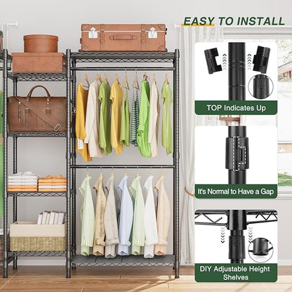 LEHOM G6 Wire Garment Rack Heavy Duty Clothes Rack Compact Size Armoire Storage Rack Freestanding Metal Clothing Closet Wardrobe with 3 Hanger Rod and 4 Large Shelves 4 Small Shelves, Black