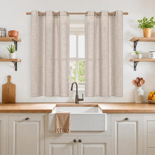 YoungsTex Natural Linen Curtains 45 Inch Long for Kitchen Window - Short Length Semi Sheer Drapes with Bronze Grommet Textured Light Filtering for Bedroom Bathroom, 2 Panels, 42 X 45 Inch