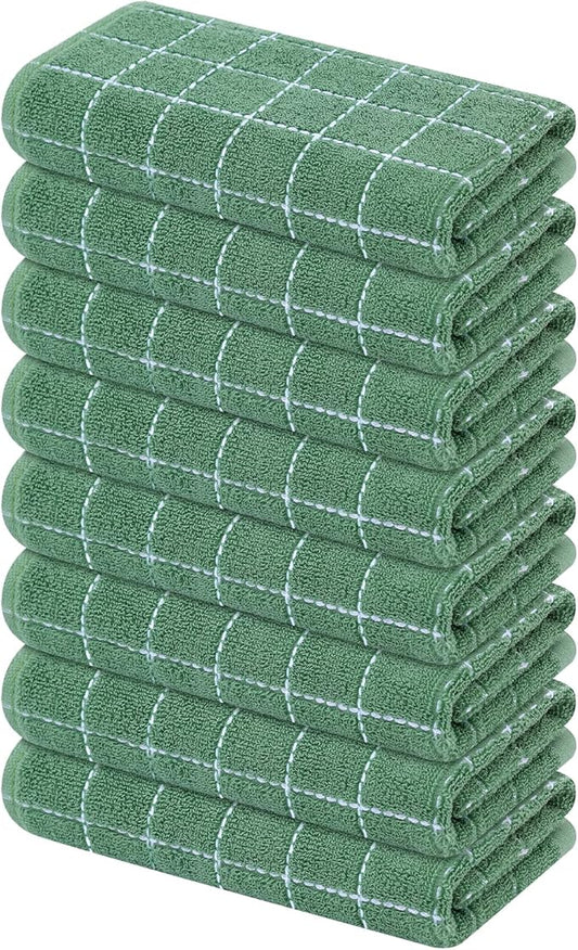 Mordimy 100% Cotton Terry Cloth Kitchen Towels, Super Soft and Absorbent Dish Towels for Drying, Checkered Designed Hand Towels for Kitchen, 16 x 26 Inches, 8 Pack, Grass Green