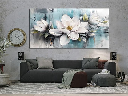 Ardemy Magnolia Wall Art for Living Room, Extra Large White Floral Canvas Wall Art Bedroom Painting Pictures Wall Decor Teal Flower Artwork for Walls Home Office Dining Room, 58"x29"
