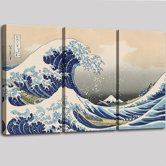 The Great Wave off Kanagawa (Triptych), Katsushika Hoki Wall Art Decor, Classic Painting Abstract Seascape Canvas Print Pictures, Modern Japanese Artwork for Living Room Decoration - 12"x24"x3 Pcs