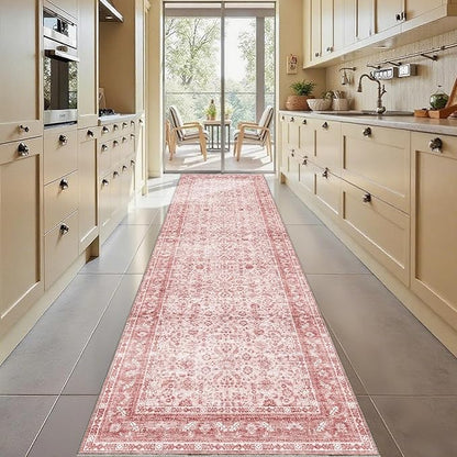 OPPODREAM Thin Vintage Pink 3x10 Runner Rug, 3 x 10 Retro Washable Rug Non Slip, Low-Pile Faux Wool Carpet, Distressed Floor Mat for Kitchen, Hallway, Entry-Way, Entrance, Indoor Back Door