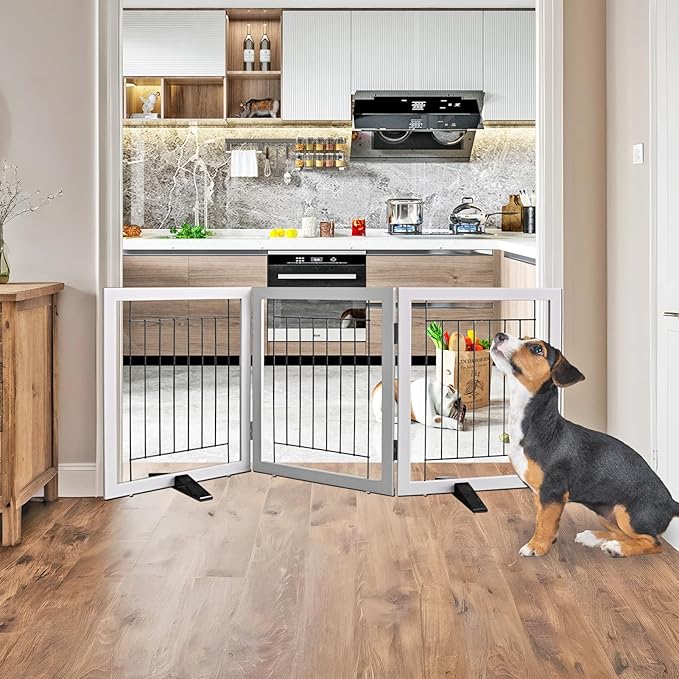 ZJSF Freestanding Dog Gate Indoor, Foldable Dog Fence for Doorways,Hallways or Stairs, Sturdy Wood Extra Wide Pet Gate with Support Feet,Grey,24 "Height-3 Panels