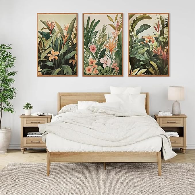 HLNIUC Boho Tropical Leaves Framed Canvas Wall Art,Abstract Flower Wall Decor Set of 3(24”x36”)Modern Green Plant Banana Leaf Art Print,Tropical Botanical Jungle Painting for Living Room Bedroom Office