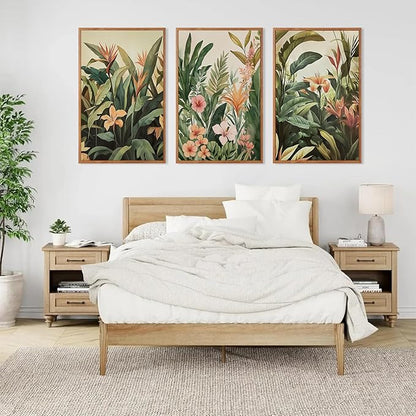 HLNIUC Boho Tropical Leaves Framed Canvas Wall Art,Abstract Flower Wall Decor Set of 3(24”x36”)Modern Green Plant Banana Leaf Art Print,Tropical Botanical Jungle Painting for Living Room Bedroom Office