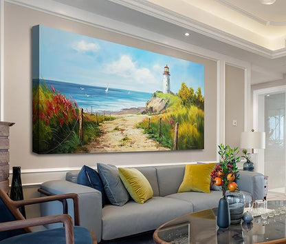 Acocifi Blue Coastal Wall Art Lighthouse Picture Nature Fall Landscape Ocean Beach Seascape Canvas Painting, Textured Artwork Large Framed for Living Room Bedroom Bathroom Office Home Decor 48"x24"