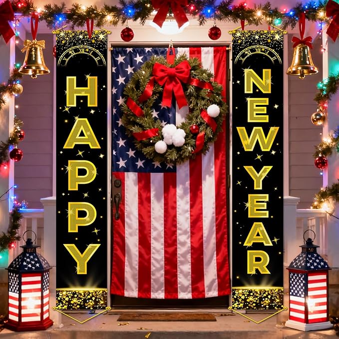 Upgraded, Ideal New Years Eve Party Supplies 2026, 300D Premium Happy New Year Banner, Large 71x12in (with 2pcs Golden hanging rod) Classic Design, HQ Fabric, HD Printing, for New-Years Decorations